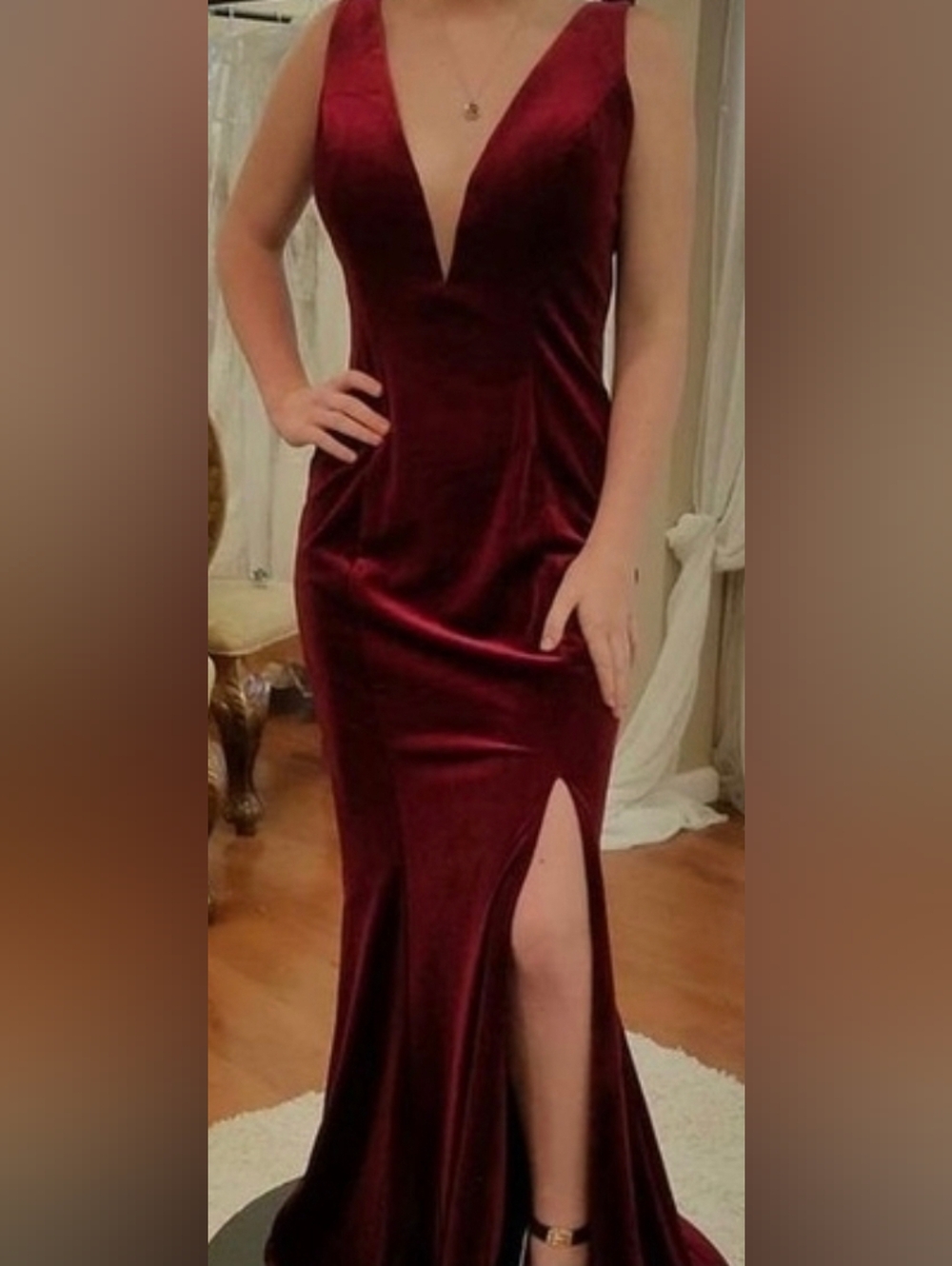 Dave & Johnny Burgundy Velvet Plunging V-Neck Gown with Side Slit Size 1/2